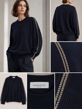 Fabiana Filippi Midnight Blue Sweater with Signature Platinum Ball-Chain Trim